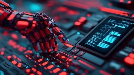 Poster - futuristic scene of an automated robotic arm repairing a high tech car engine with holographic inter