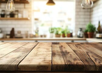 Aufkleber - Rustic wooden table top with blurred kitchen background.