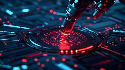 Poster - AI driven robot mechanic using precision lasers to fix microchips in car components surrounded by glowing holograms and metallic surfaces in an ultramodern futuristic workshop setting