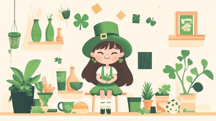 St Patrick s Day celebration, girl with large decorations, healthy eating and cute character design, flat design illustration