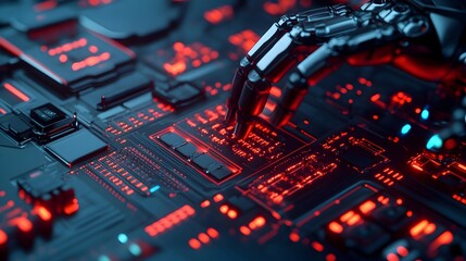 Poster - advanced ai driven robot mechanic utilizing precision lasers to meticulously repair microchips withi
