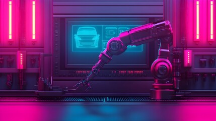 Poster - futuristic automotive repair bot adjusting car s settings via holographic display robotic arm holdin