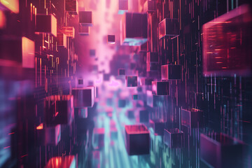 Poster - Abstract cyber tech background with floating 3D holographic cubes, emitting pulses of light in a digital matrix.