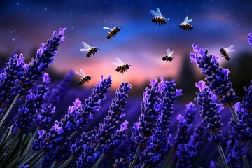 Wall Mural - Pixel art of a Lavender field, with tiny, animated bees flying around the pixelated purple flowers