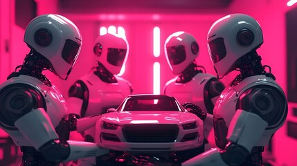 Poster - humanoid robots collaborating in a high tech garage using holographic tools to repair a levitating c
