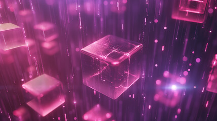 Poster - Abstract cyber tech background with floating 3D holographic cubes, emitting pulses of light in a digital matrix.