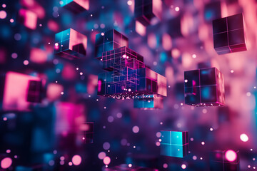Fototapete - Abstract cyber tech background with floating 3D holographic cubes, emitting pulses of light in a digital matrix.
