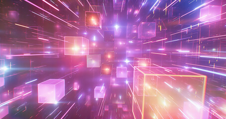 Fototapete - Abstract cyber tech background with floating 3D holographic cubes, emitting pulses of light in a digital matrix.