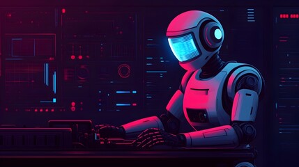 Poster - A humanoid robot closely inspecting a complex hybrid engine with sparks flying and holographic tools floating around