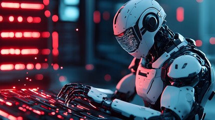 Poster - of a humanoid robot inspecting a hybrid engine with sparks flying holographic tools floating and mec