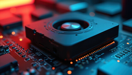 Poster - modern cooling processor on red background: a cooling processor placed on a red background, symboliz