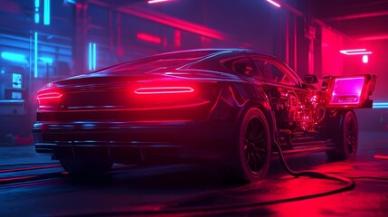 Poster - automated repair robot with holographic tools fixing a car s electrical system sparks flying in a da