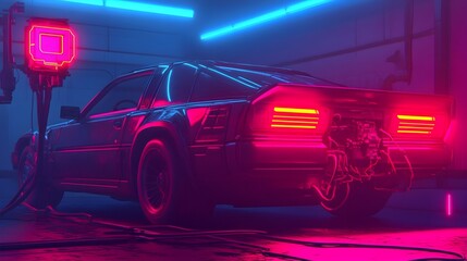 Poster - automated repair robot working on a car s electrical system sparks flying as holographic tools float