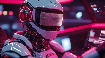 Poster - a futuristic robot assistant meticulously servicing the complex wiring of an intelligent advanced ca