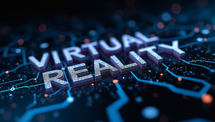 Poster - virtual reality word with digital network: the phrase virtual reality displayed within a connected d