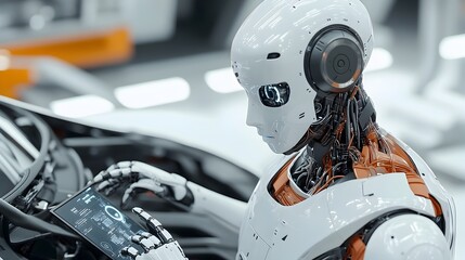 Poster - humanoid robot technician leveraging advanced holographic tools to conduct high precision repairs on