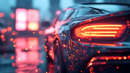 Poster - ai powered robot meticulously welding the exterior of a car in a sleek futuristic workshop filled wi