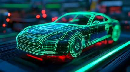 Poster - robotic arm precisely scanning and fixing car parts with laser guided precision in a high tech futur