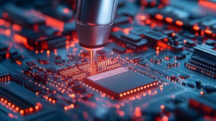 Poster - robotic arm scanning and fixing microchips in car components holographic diagnostics projected neon 