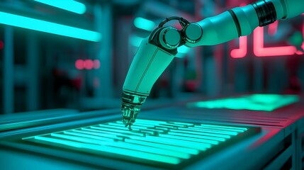 Poster - robotic arm meticulously scanning and fixing car parts with laser sharp precision surrounded by floa