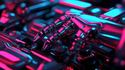 Poster - robotic arm precisely replacing engine parts in an electric car within a futuristic neon lit automot