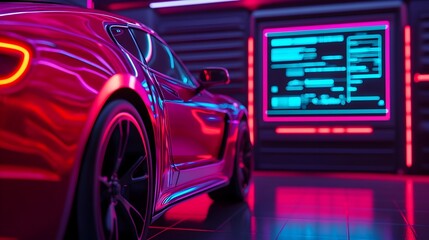 Poster - Sleek robotic technician installing advanced software in a futuristic garage  Floating holographic interface displays real time diagnostics and vehicle data