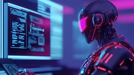 Poster - sleek robotic technician installing futuristic software in neon lit garage with floating holographic