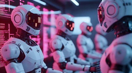 Poster - Humanoid robots working together to diagnose and fix a car s advanced system in a dark neon lit workshop with holographic screens floating in mid air