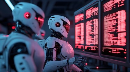 Poster - a scene depicting humanoid robots working together to diagnose and fix the system of a car in a dark