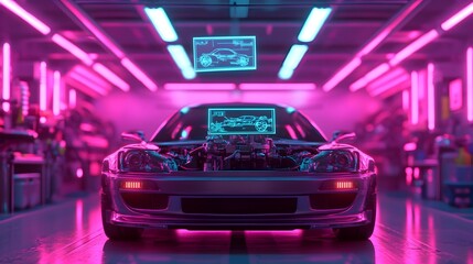 Poster - advanced robot meticulously repairing a car engine using precision lasers and hovering holographic b