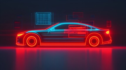 Poster - a sleek and advanced futuristic robot analyzing car diagnostics with holographic screens and digital