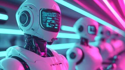 Poster - a group of sleek metallic humanoid robots performing advanced car maintenance and diagnostics guided