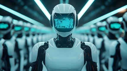 Poster - a group of sleek metallic humanoid robots working on car maintenance guided by holographic displays 