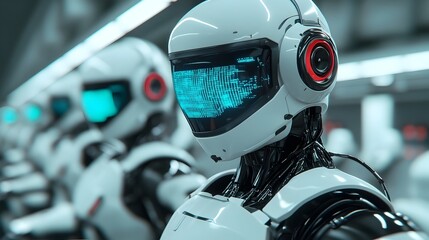 Poster - a group of sleek metallic humanoid robots performing advanced car maintenance and repair procedures 
