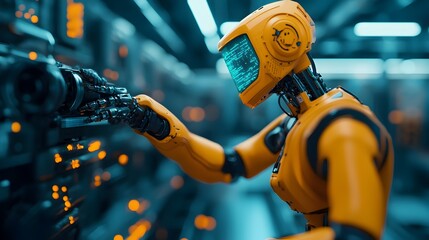 Poster - a scene depicting an advanced robot performing welding tasks on a car chassis with a holographic gui