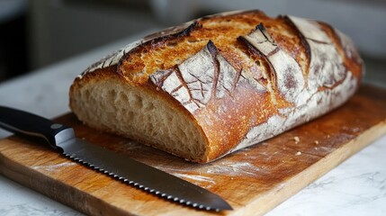 A rustic loaf of bread with a golden, crispy crust, placed on a wooden cutting board with a serrated knife.