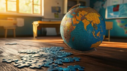 Wall Mural - Globe and Puzzle Pieces in Classroom