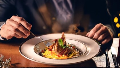 Faceless man eat Flamiche in restaurant with bokeh background. France Food.