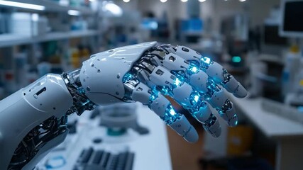 Poster - This highly detailed robotic hand showcases intricate design and blue illumination in a lab. Prosthesis