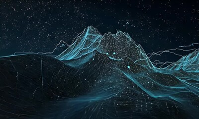 Poster - a dark background with mountains and lines of data flowing across them, creating an abstract digital