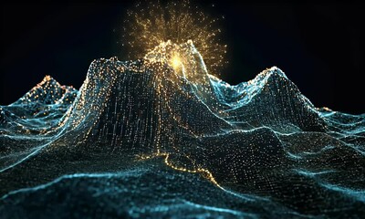 Poster - a dark background with mountains and lines of data flowing across them, creating an abstract digital