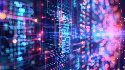 Poster - digital cyber tech background with Glowing circuit board pattern with radiant blue and purple tones, interwoven with data streams flowing in the background.