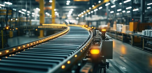 Wall Mural - Products move along a factory production line on a conveyor belt, depicting industrial workflow.