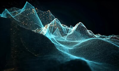 Poster - a dark background with mountains and lines of data flowing across them, creating an abstract digital