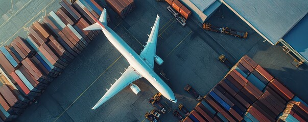 Wall Mural - Airplane at airport illustrates global trade by actively unloading cargo containers.