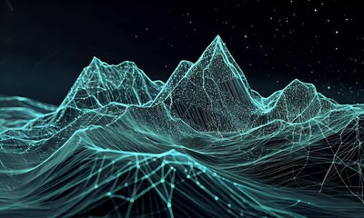 Poster - a dark background with mountains and lines of data flowing across them, creating an abstract digital