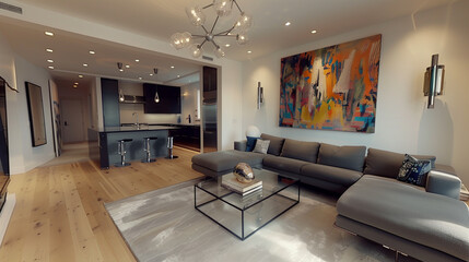 Poster - Contemporary living room with a gray sectional, glass coffee table, and large abstract art piece, accented by metallic light fixtures and wood flooring.