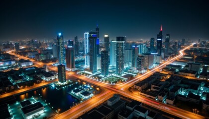  Bright cityscape at night illuminated by neon lights and traffic