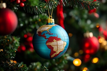 A close-up of a Christmas ornament featuring a globe, symbolizing unity, hanging on a festive tree decorated with red and gold accents