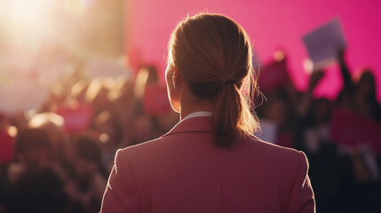 A female woman politician in light colored suite with low pony tail looks out over crowd of people with signs rally political convention public speaking